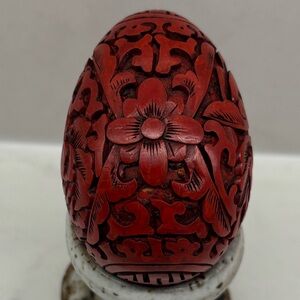 Vintage Franklin Mint Cinnabar Egg Carved Wood Egg Red Floral Decorative